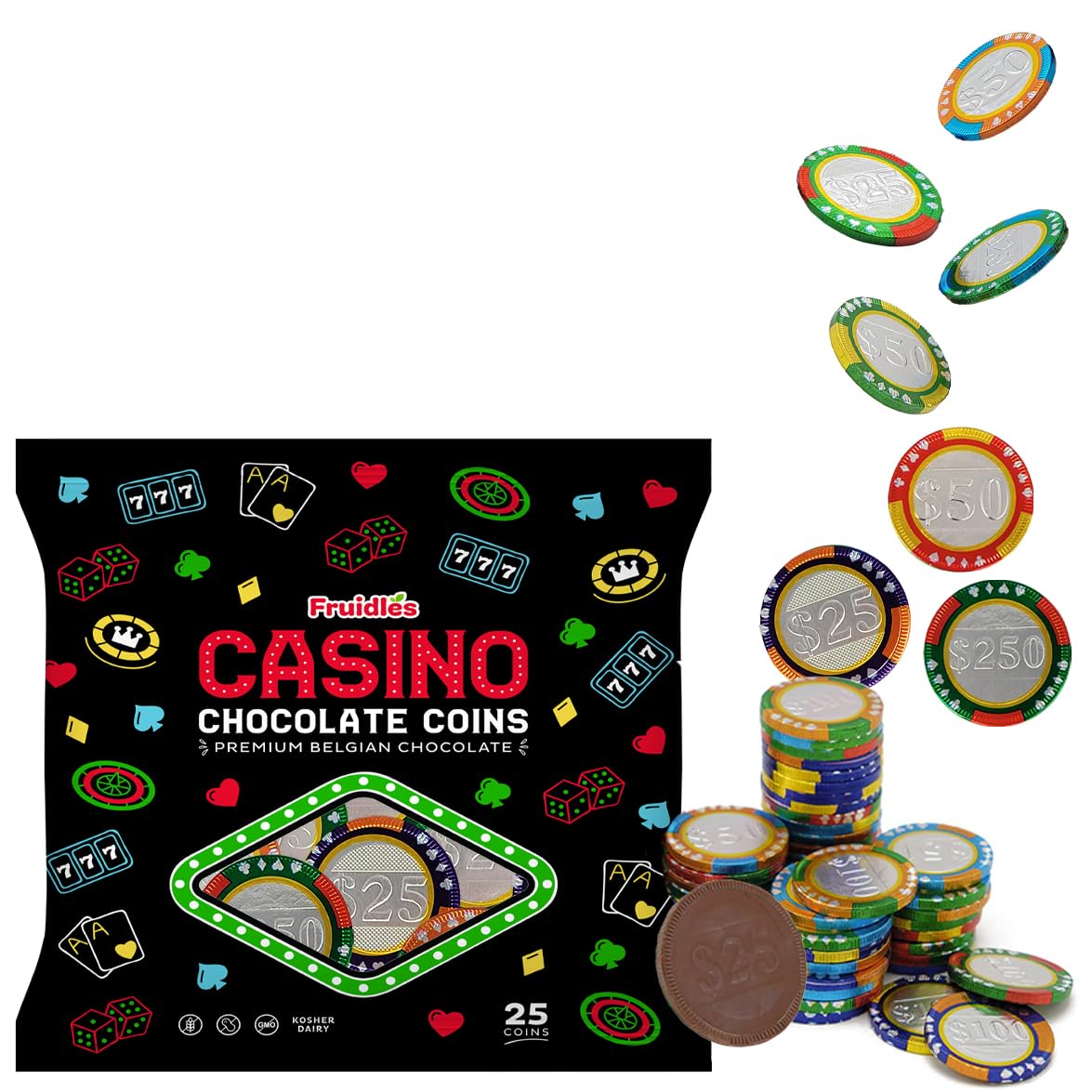 Fruidles 25-Pack Casino Poker Chips, Belgian Milk Chocolate Coins, Kosher Certified Dairy, Non GMO