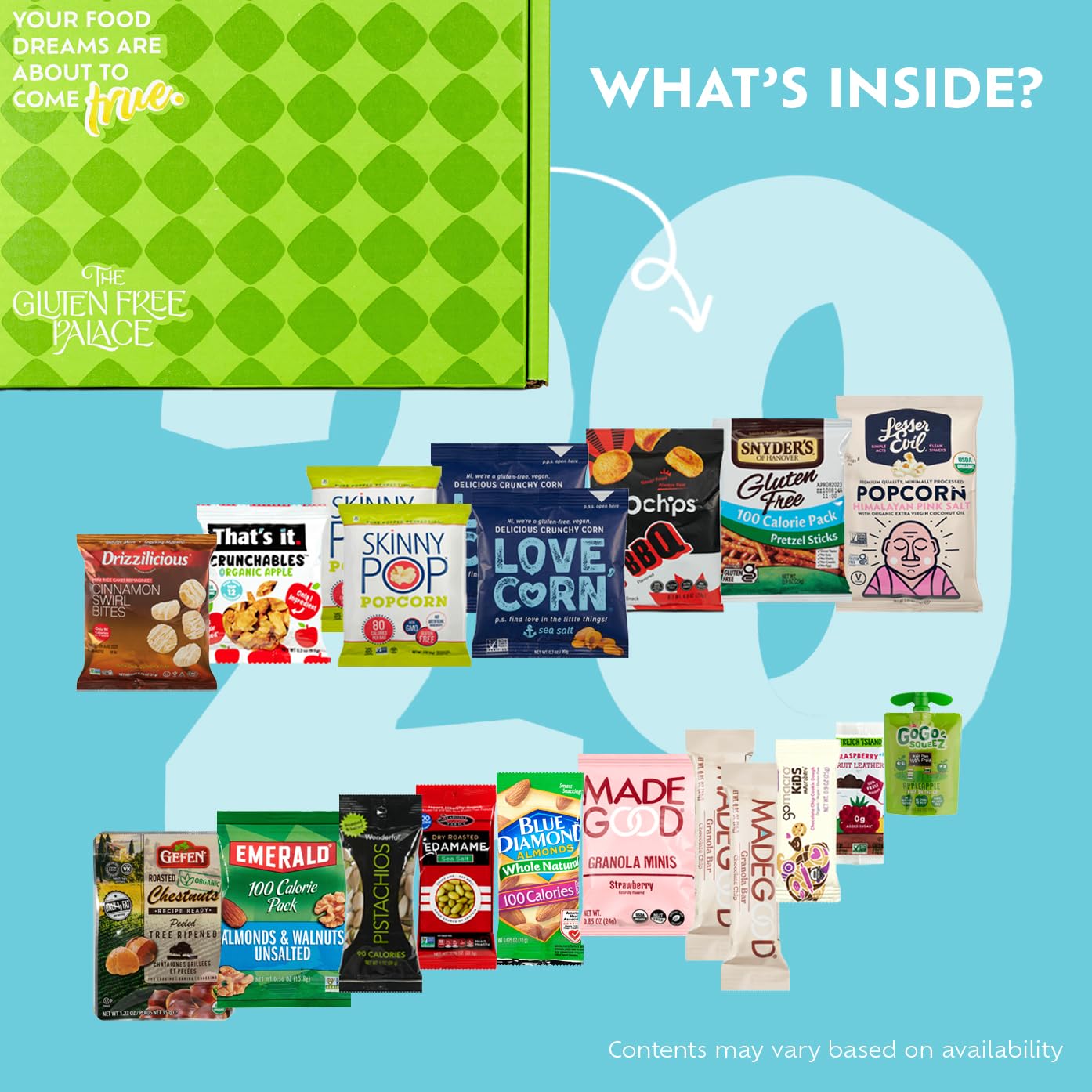 Gluten Free Palace 100 Calorie Snacks Variety Pack – Healthy Snack Care Package - Low Calorie, Vegan, Protein Bars & Nuts (20 Count)