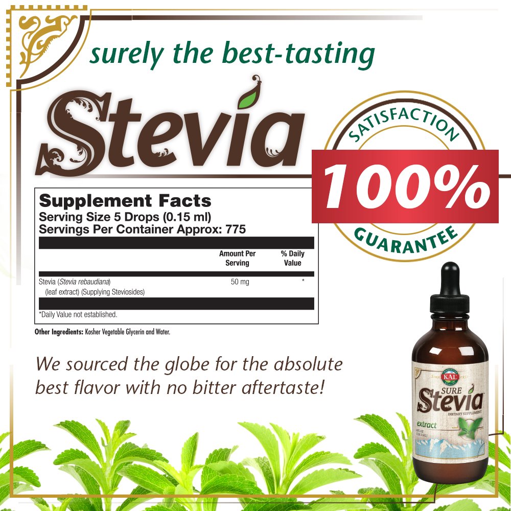 KAL Sure Stevia Extract Zero Calorie Sweetener, Low Carb, Plant Based Liquid Stevia Drops, Great Taste, Zero Sugar, Low Glycemic & Perfect for a Keto Diet, 60-Day Guarantee, Approx. 775 Servings, 4oz