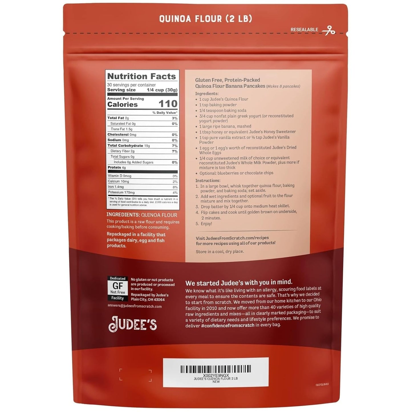 Judee's Quinoa Flour 2 lb - Made In USA, Non-GMO, Vegan - Great for Making Pancakes, Muffins, Pie Crusts, Quiches, and Breads - Made in a Dedicated Gluten-Free Facility