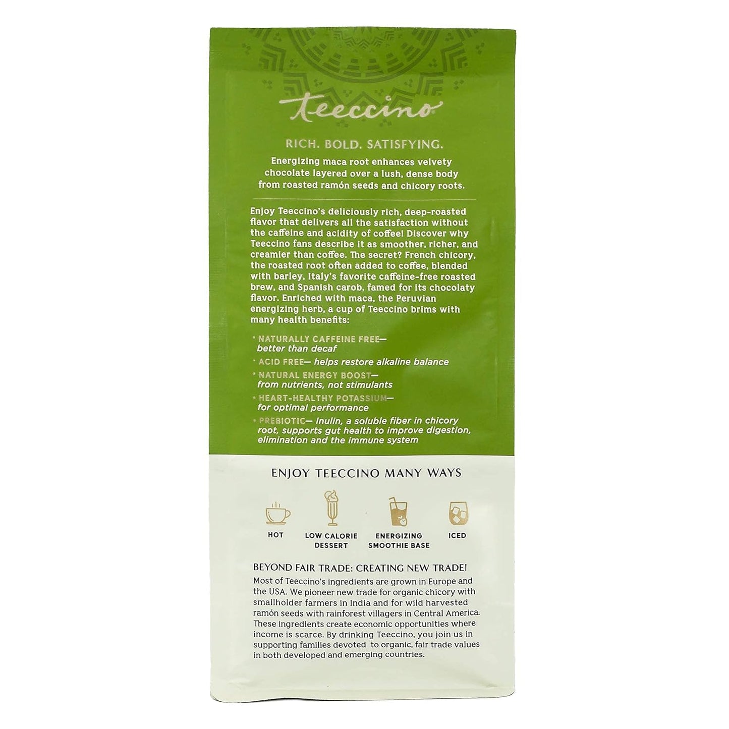 Teeccino Maca Chocolaté Chicory Coffee Alternative - Ground Herbal Coffee That’s Prebiotic, Caffeine Free & Acid Free, Dark Roast, 11 Ounce