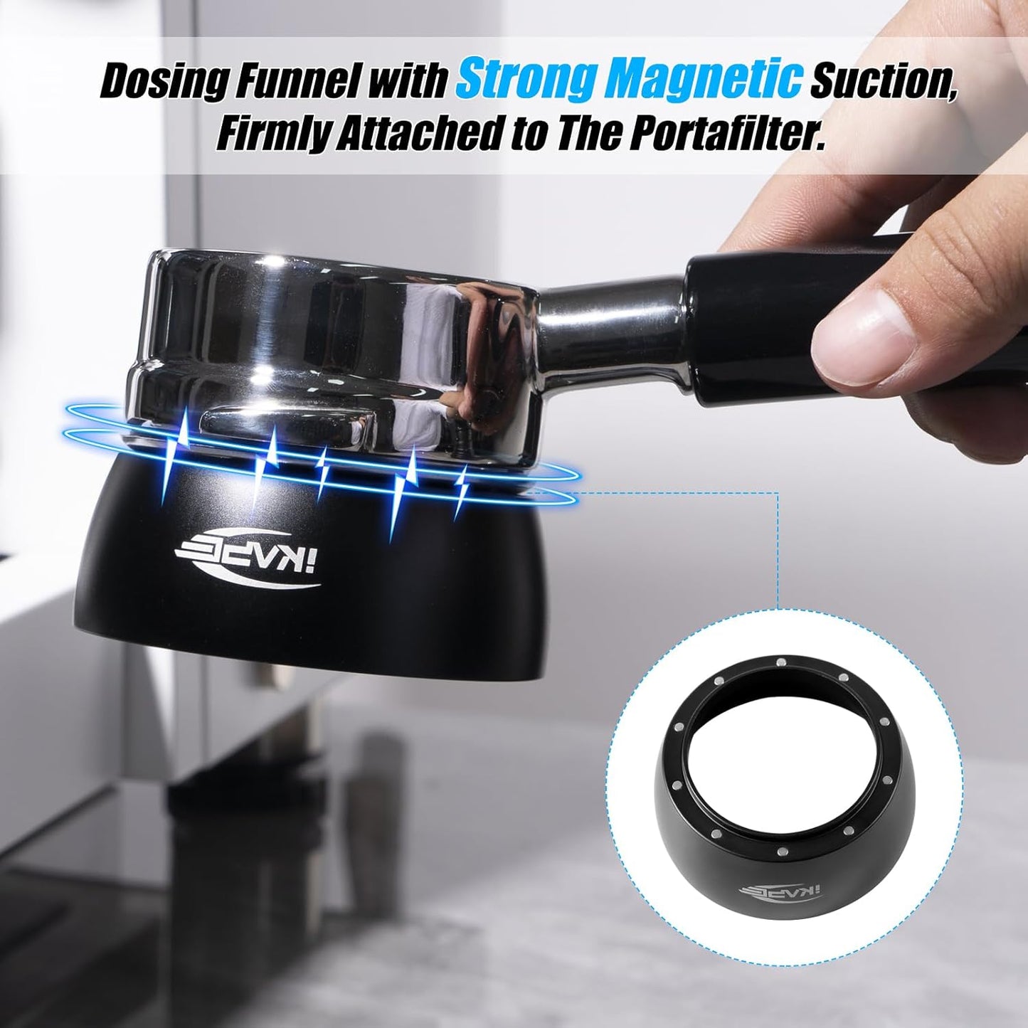 IKAPE Magnetic Dosing Funnel Set, 58MM Espresso Dosing Ring & Puck Screen Kit Compatible with 58 mm Bottomless Portafilter - with 10 Small Magnet (Black)