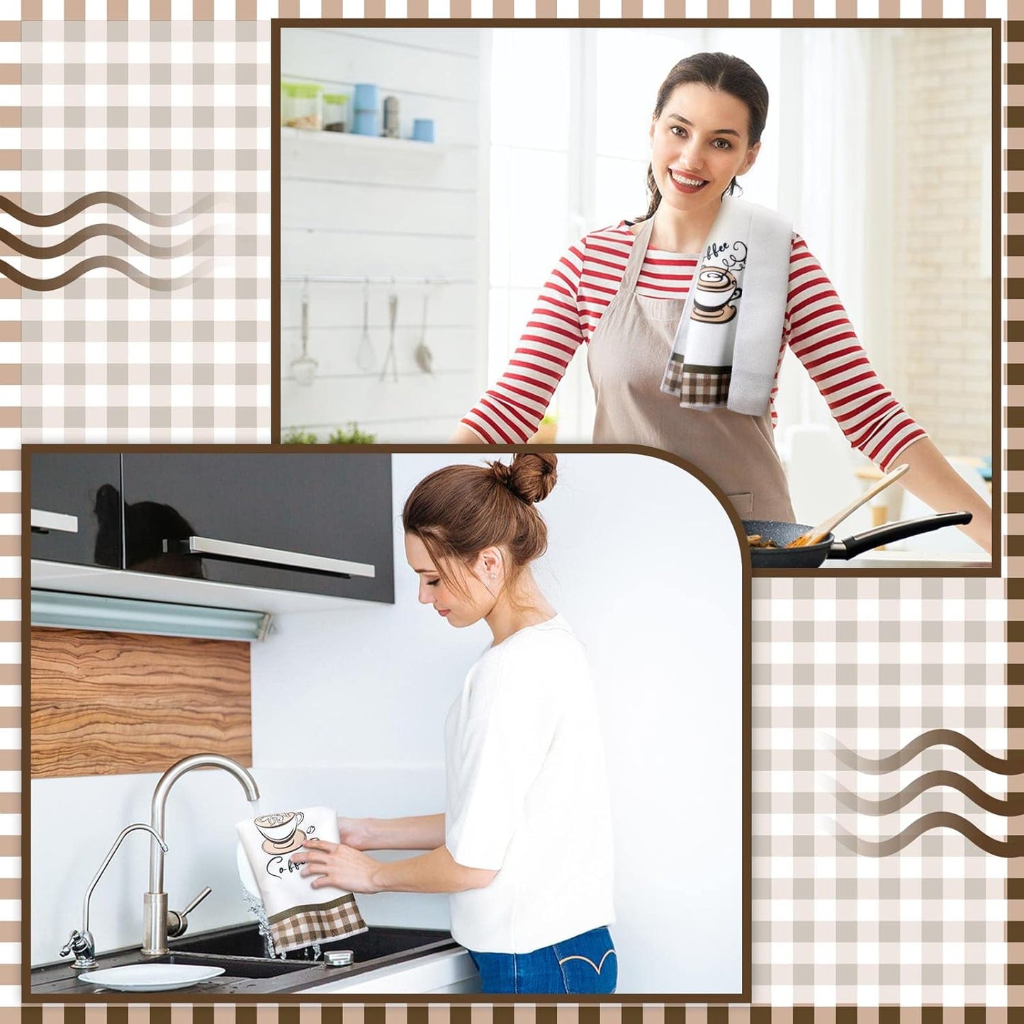 Ferraycle 4 Pieces Kitchen Dish Cloths Coffee Kitchen Hand Towels Absorbent Tea Towels 24 x 16 Inches, Coffee Lover Gift Bar Decorative Dish Cloths Rags, for Farmhouse (Mainly White,Cup Pattern)