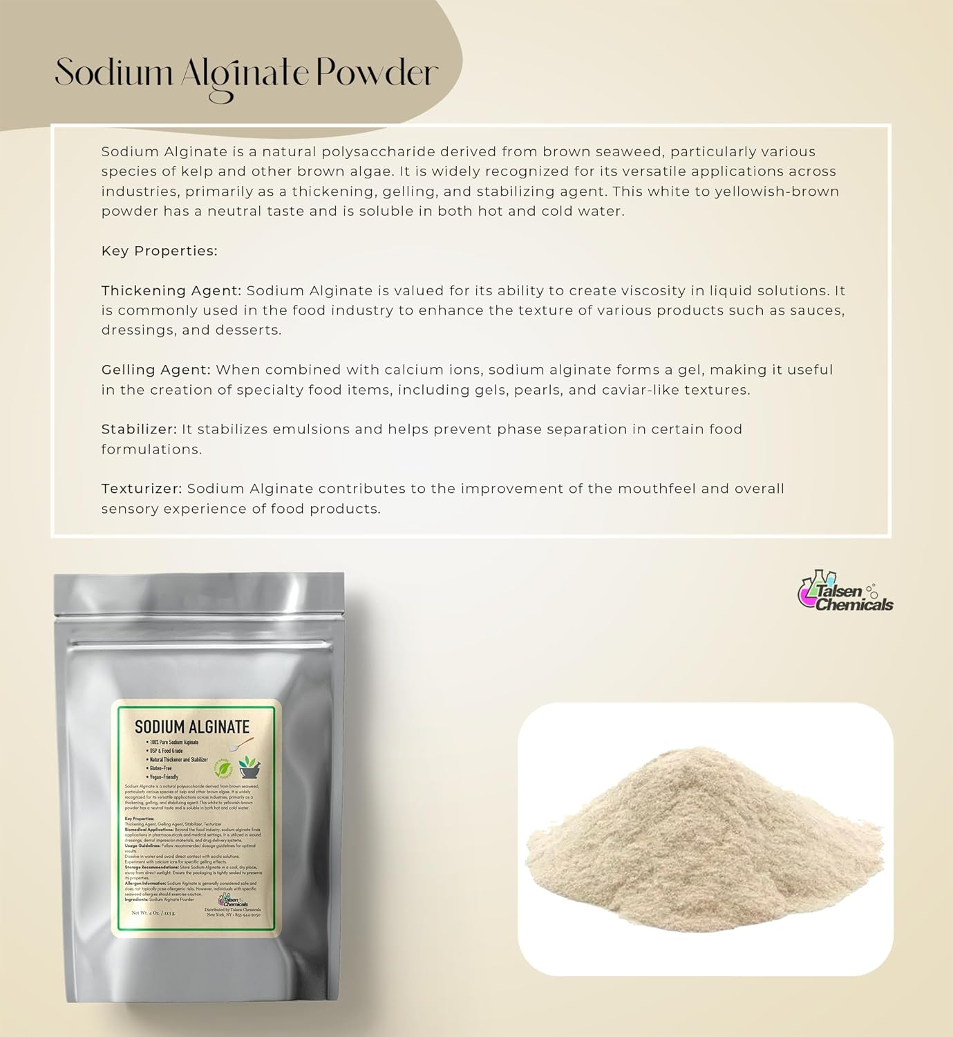 Sodium Alginate (8 Ounce / 226 Grams) Pure Sodium Alginate Powder Food Grade Powder for Thickening, Perfect for Making Luxurious Caviar Spheres, Desserts, Meatloaves by Talsen Chemicals (8, Ounces)