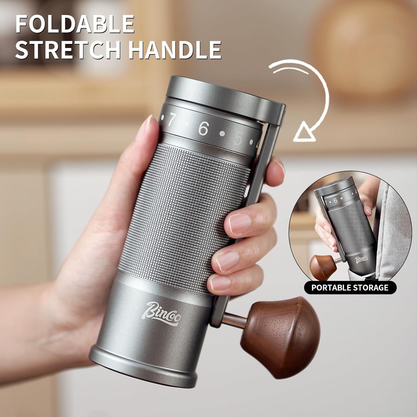 Bincoo Foldable Manual Coffee Grinder with External Adjustable Setting,Coffee Bean Grinder with Portable Storage Bag,Stainless Steel Burr Grinder Suitable for Home, Office and Travel for Use(Gray)