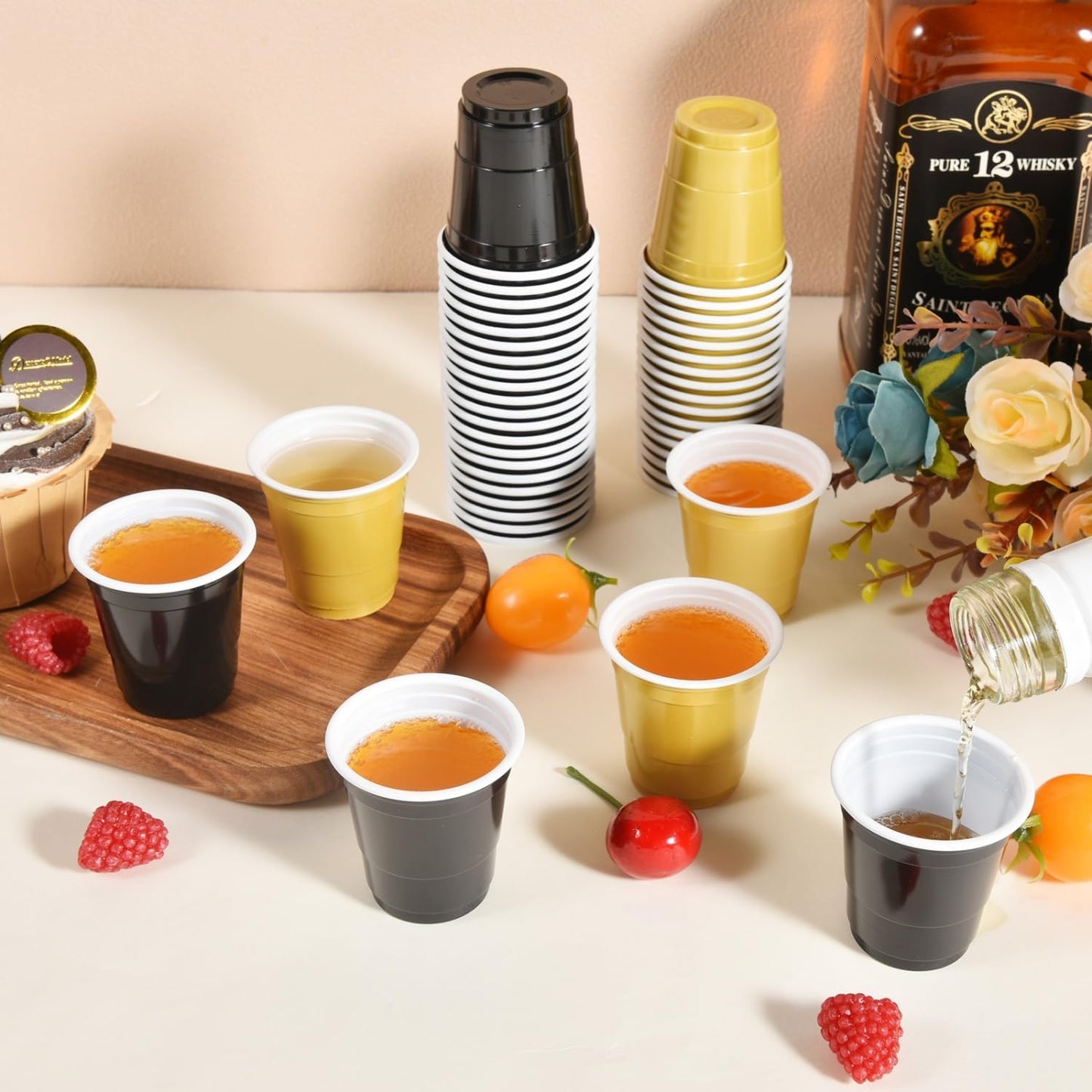 100 Pack 2 oz Plastic Shot Glasses Disposable Shot Cups, Mini 2oz Party Cups for Graduation, Christmas, Birthday, Wedding, Bachelorette Party (Gold, Black)