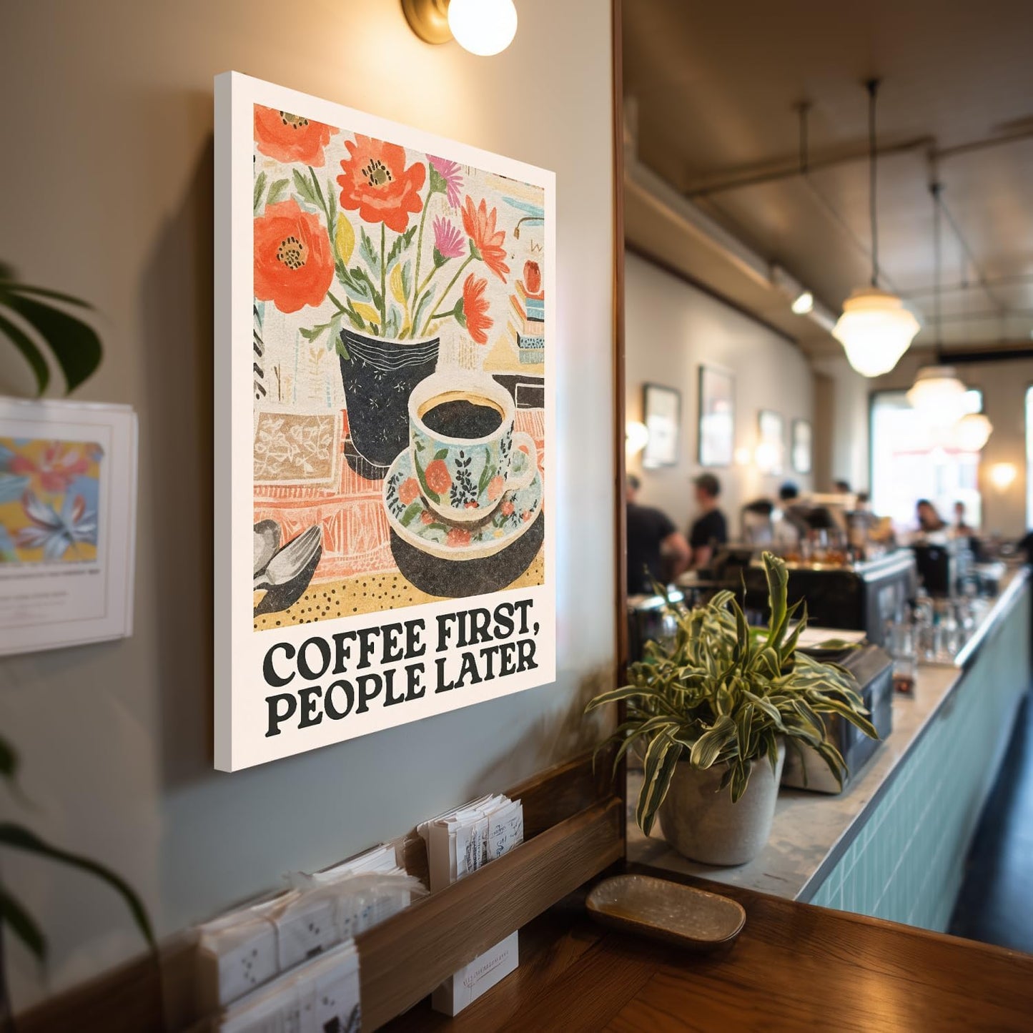 GELDSTEI Framed Retro Coffee Wall Art, Vintage Cafe Wall Decor, Coffee First People Later Canvas Painting, Classical Cafe Bar Poster Print for Kitchen Dining Room Home Office Ready to Hang 16"x24"