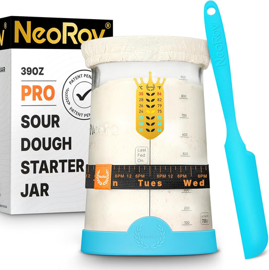 Pro Sourdough Starter Kit - 39 Oz Glass Sourdough Starter Jar (With Cloth Lid,Silicone Base,Scraper,Date Tracker,Temp Strip) - Sourdough Bread Baking Supplies For Sour Dough Bread Loaf (Blue)