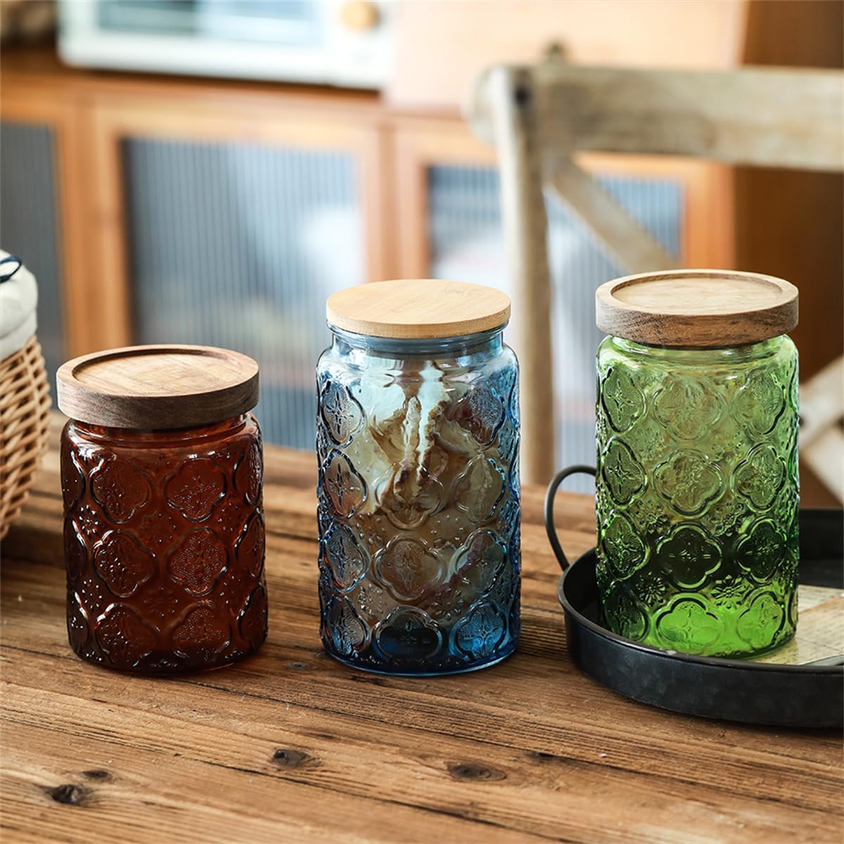 ANSQU Set of 2 Vintage Glass Storage Containers, Green Glass Jars with Wooden Lids, 34 FL OZ Decorative Jars for Kitchen Storage Cabinets for Coffee, Jam, Candy, Cookie (Green Begonia)