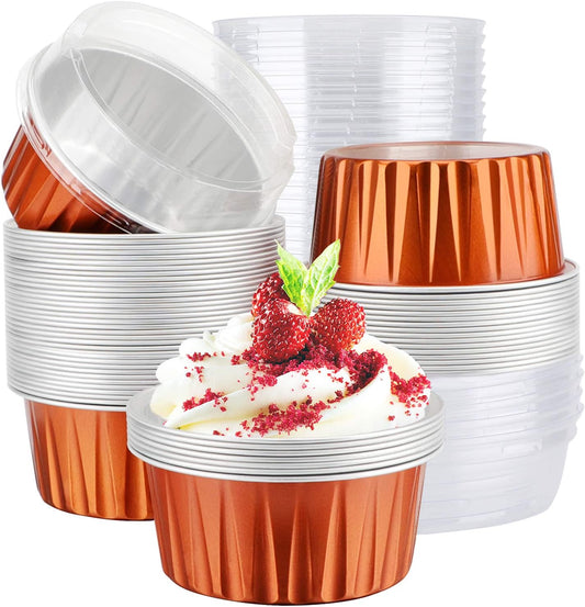 EUSOAR Aluminum Foil Cups, 5oz 50pcs muffin Baking Cups with Lids, 3.34"x2.59"x2.35" 125ml Snacks Desserts Flan, Cupcake Pie Ramekin, Recyclable Catering Party Favor Baking Cups-Caramel