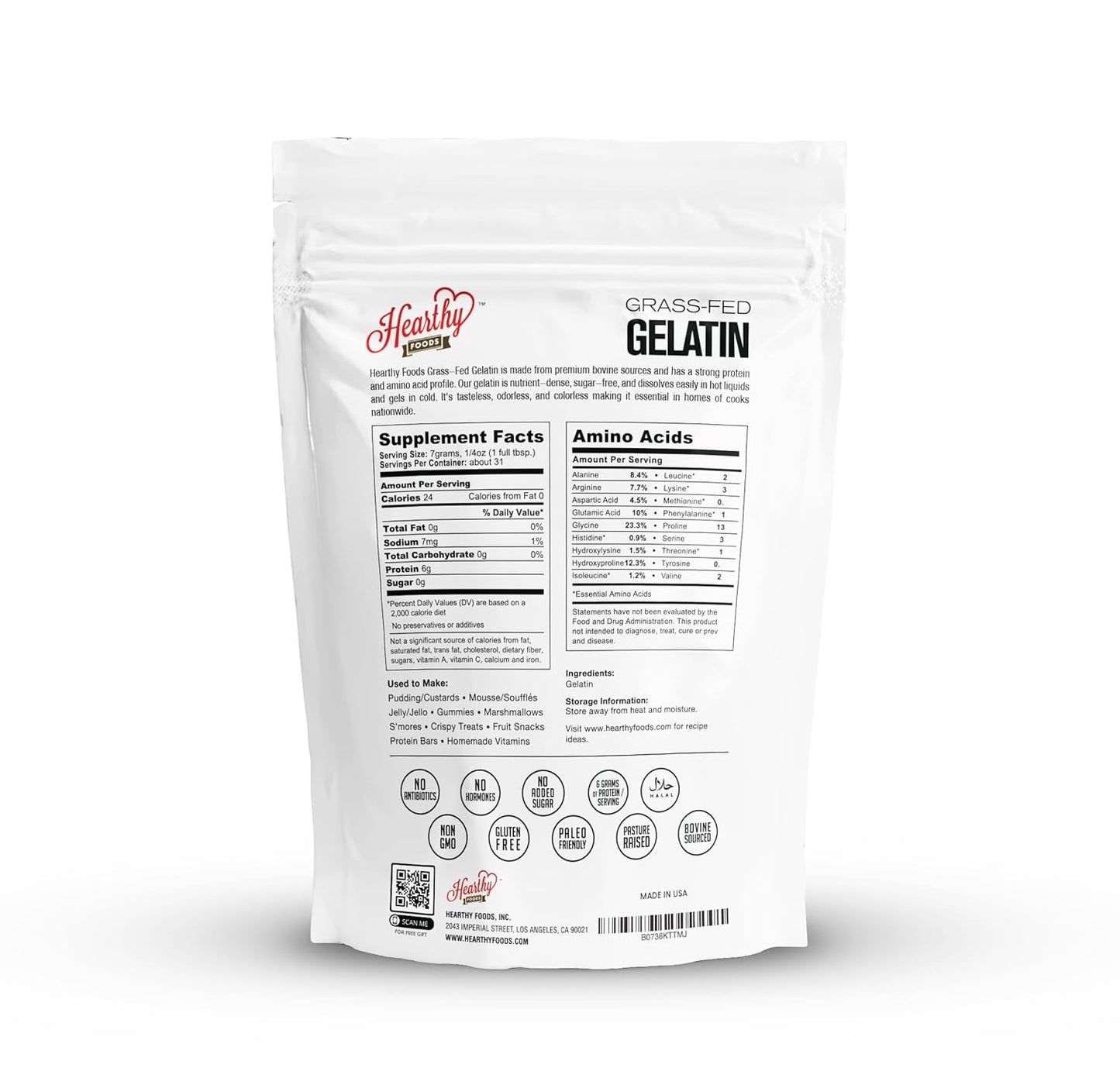Hearthy Foods Beef Gelatin Powder Unflavored Gelatin Powder for Women and Men | Keto and Paleo Friendly Pure Protein Type 1 & 3, Grass-Fed Halal Certified, Non-GMO, Kosher Gelatin | 16 oz. 454g