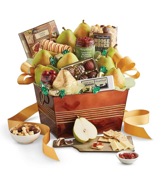 Harry & David Favorites Deluxe Food Gift Basket, Fruit And Cheese Gift Basket With Pears, Moose Munch Popcorn, Galettes, Cheese, Relish, Crackers, Milk Chocolate Covered Cherries, Truffles, Mints