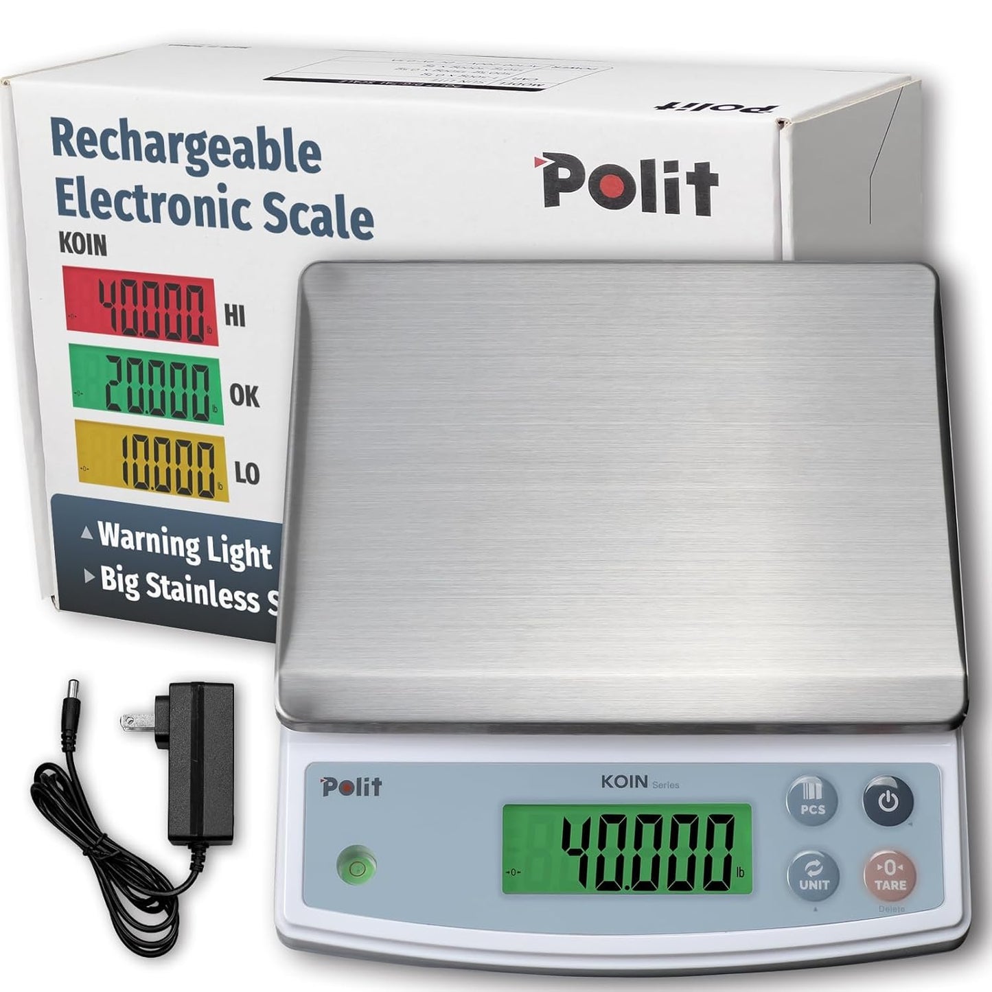 Polit Digital Food Scale KOIN 40lb/18kg Rechargeable Kitchen Weight Scale with Display Indicator, Grams & Ounces Precision Baking Scale for Cooking, Meal Prep, Packing, Large Kitchen Scale 1g/0.05oz