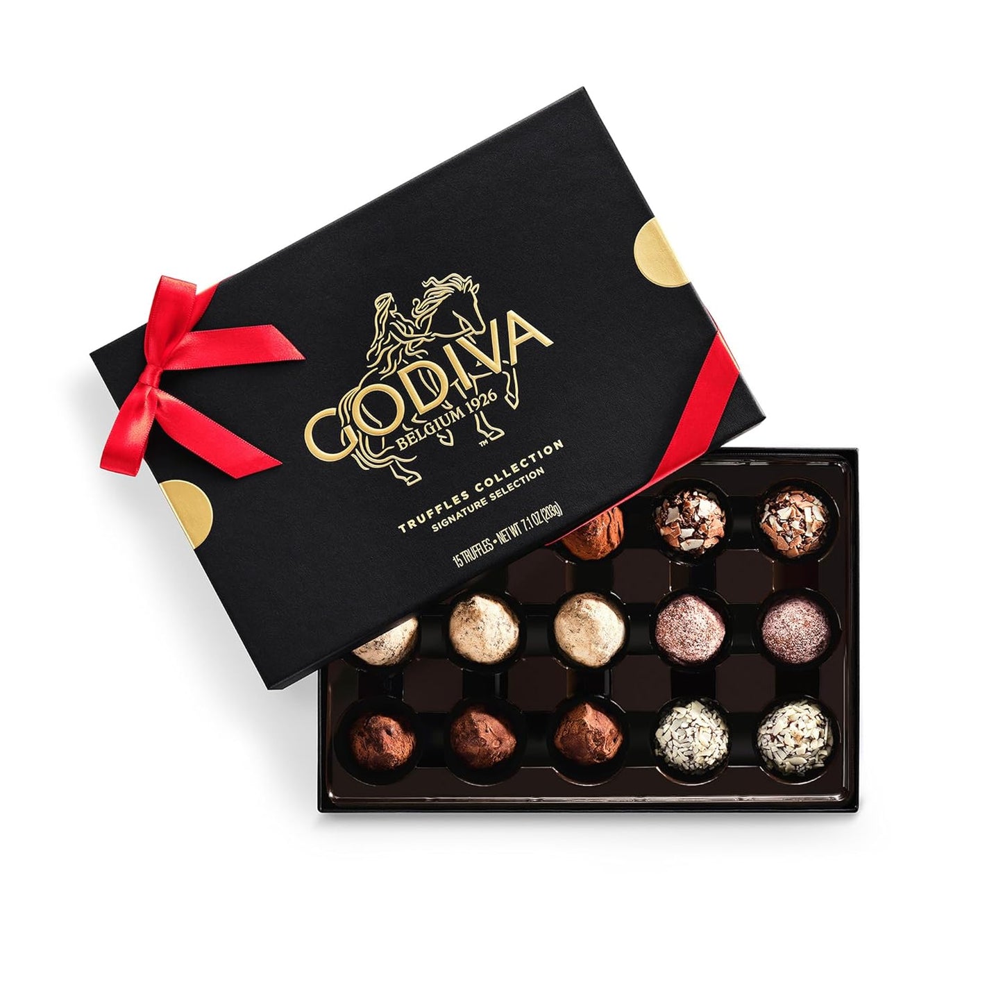 Godiva Red Bow Signature Truffle Gift Box, Belgian Dark and Milk Chocolates with Ganache Centers, Gourmet Holiday Gift, Non-GMO & Kosher, 15 Pc