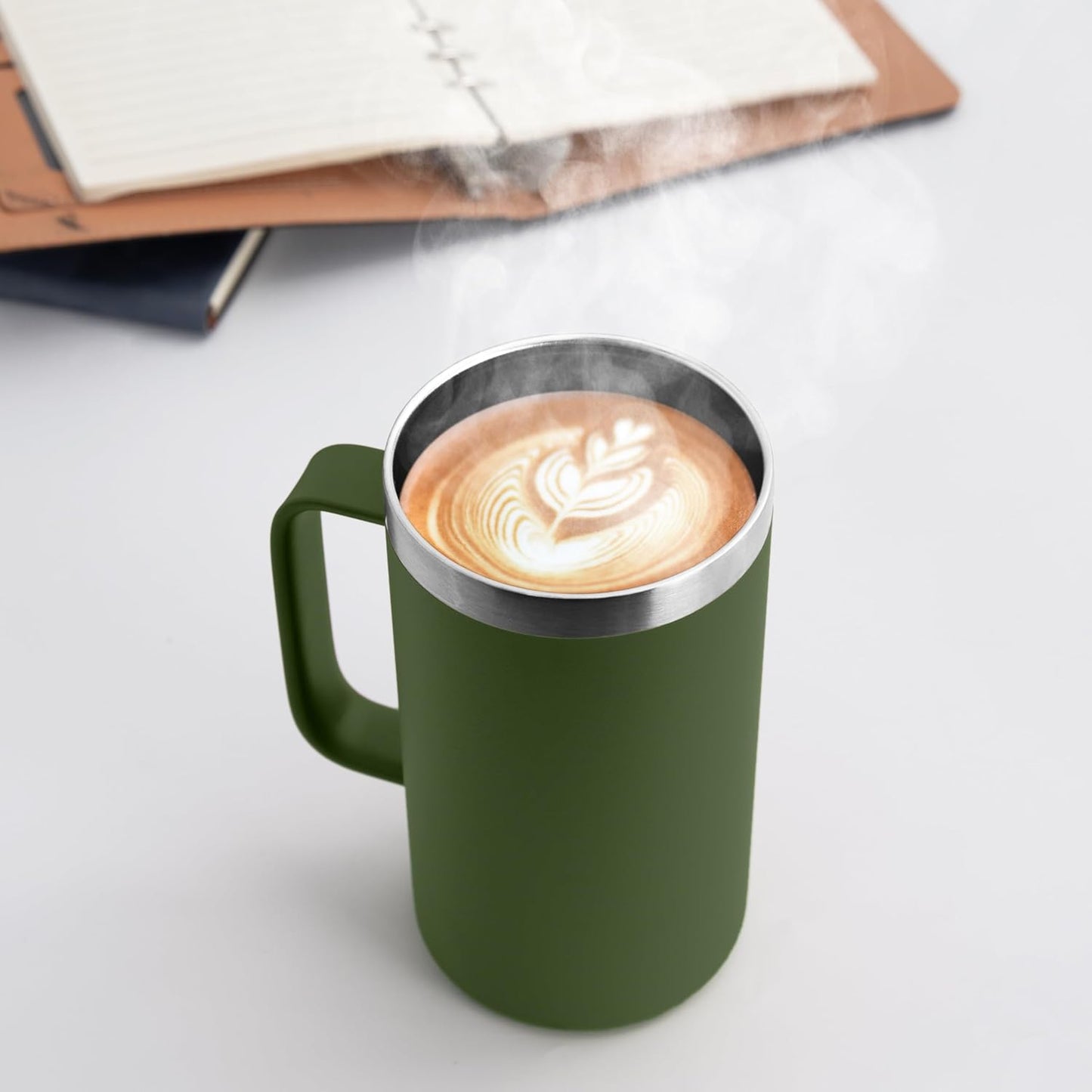 DOMICARE 24oz Mug with Handle and Lid, Stainless Steel Coffee Mug, Travel Mug with Handle, Double Wall Vacuum Coffee Tumbler, Reusable Insulated Cup, Army Green, Pack 4