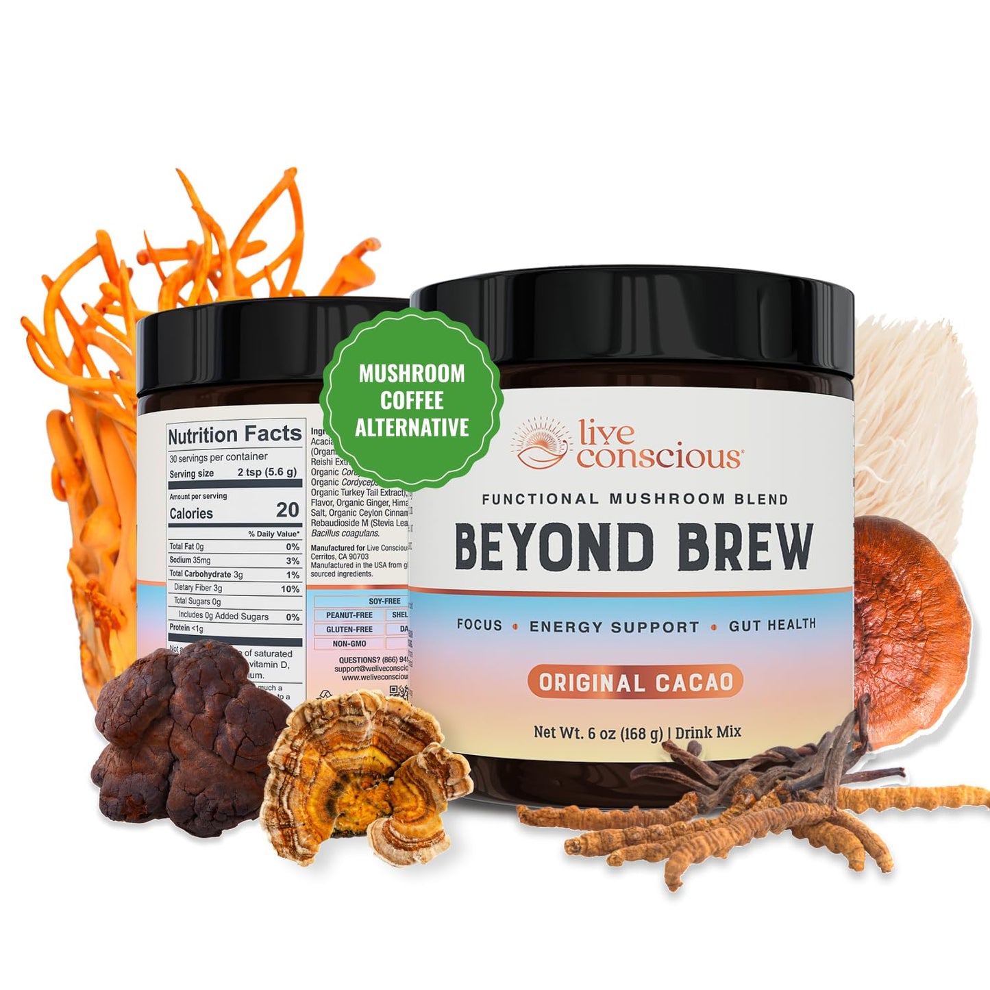 Live Conscious Beyond Brew - Coffee Alternative - Low Caffeine - Mushroom Complex w/Lion’s Mane, Reishi, Cordyceps & Chaga for Sustained Focus, Energy & Immunity - w/Prebiotics & Probiotics - 30