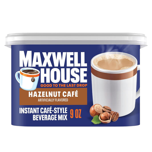 Maxwell House Instant Cafe-Style Beverage Mix, Easy to Prepare, 1 Canister, for Quick Morning Coffee or Afternoon Treat, Hazelnut Cafe, Kosher Dairy, 9 oz