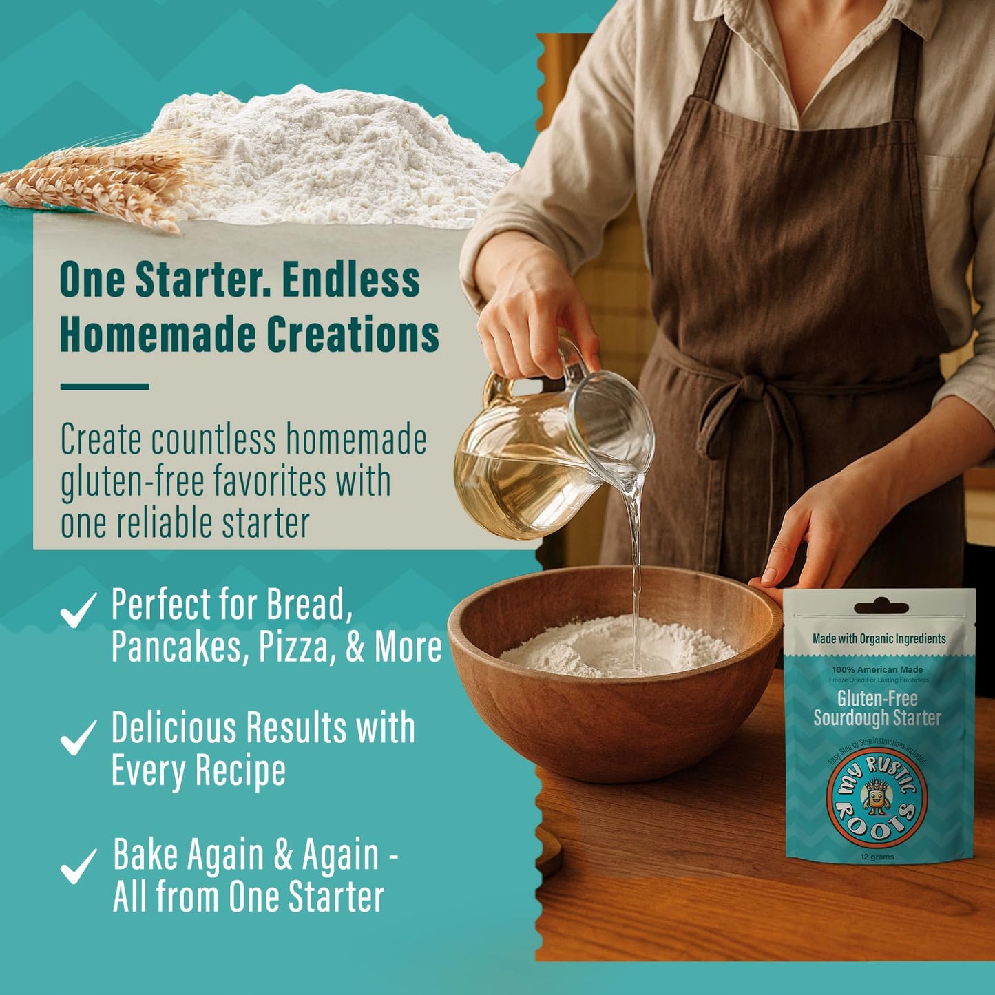 MY RUSTIC ROOTS Gluten Free Sourdough Starter Culture – All Natural & Organic Sourdough Bread Starter - Beginner Friendly - Perfect for Baking Delicious Homemade Artisan Bread, Pizza & More - 12g