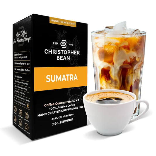 Christopher Bean Coffee - 396 servings, 30 to 1 Blend Bag in Box Liquid Instant Coffee or Cold Brew Coffee Concentrate - Hot or Iced Coffee - Sumatra Brew