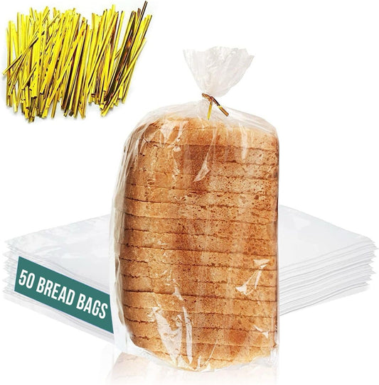 Reusable Plastic Bread Bags for Homemade Bread - 50 Pack Clear Bag with Ties For An Airtight Moisture-free Preservation and Storage - Loaf For Home Bakers and Bakery Owners