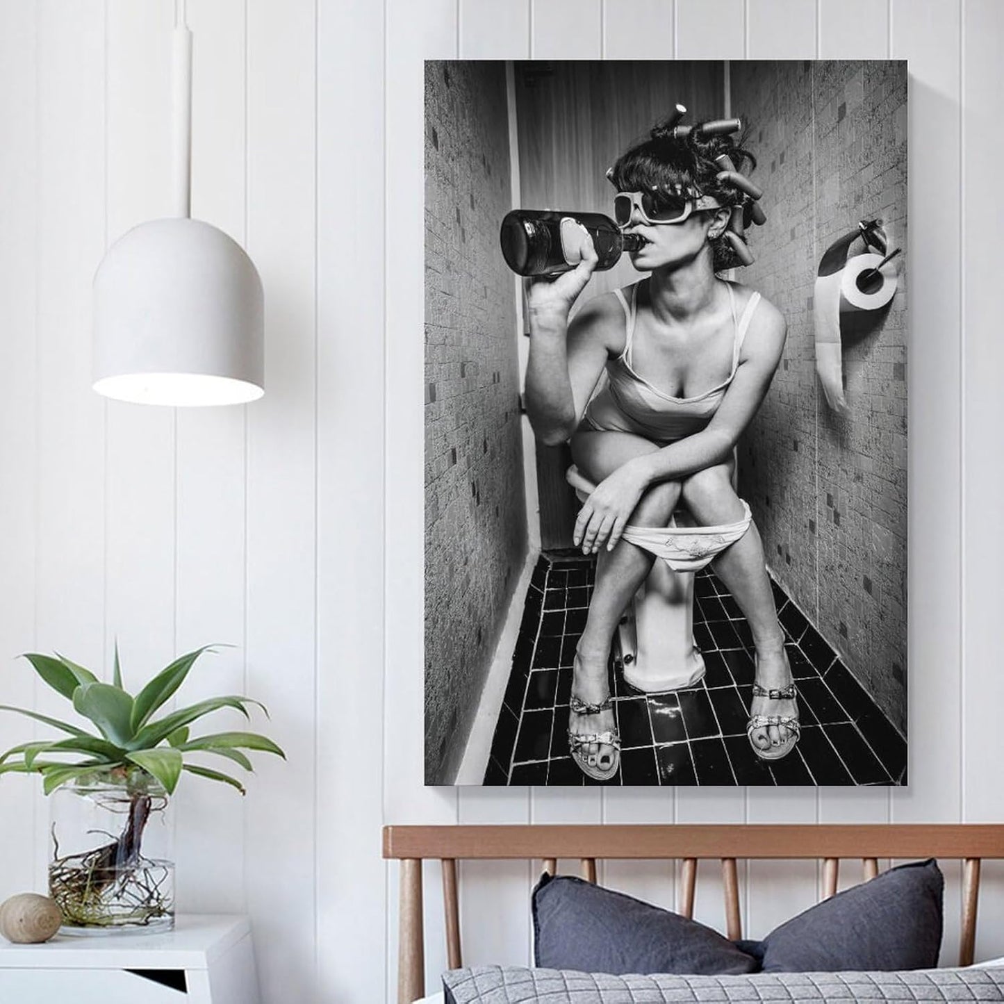 Woman Drinking on The Toilet Lnteresting Vintage Canvas Painting Wall Art Poster Room Decor Aesthetics 12x18inch(30x45cm)