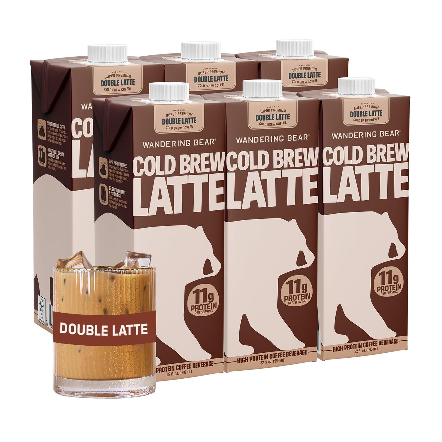 Wandering Bear Double Latte Organic Cold Brew Coffee — 32 fl oz, 6 pack - Creamy High-Protein Cold Brew Latte, 11 g Protein, Only 100 Calories, 5 g Sugar, Double Shot Strength (Shelf-Stable)