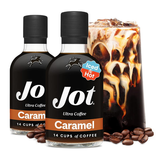 Jot Coffee Concentrate (Caramel) High Caffeine Cold Brew Coffee Concentrate Liquid for Iced Coffees, Instant Espresso, Hot or Cold Instant Coffees - Makes 14 Cups, 150mg Caffeine/Tbsp, Sugar Free