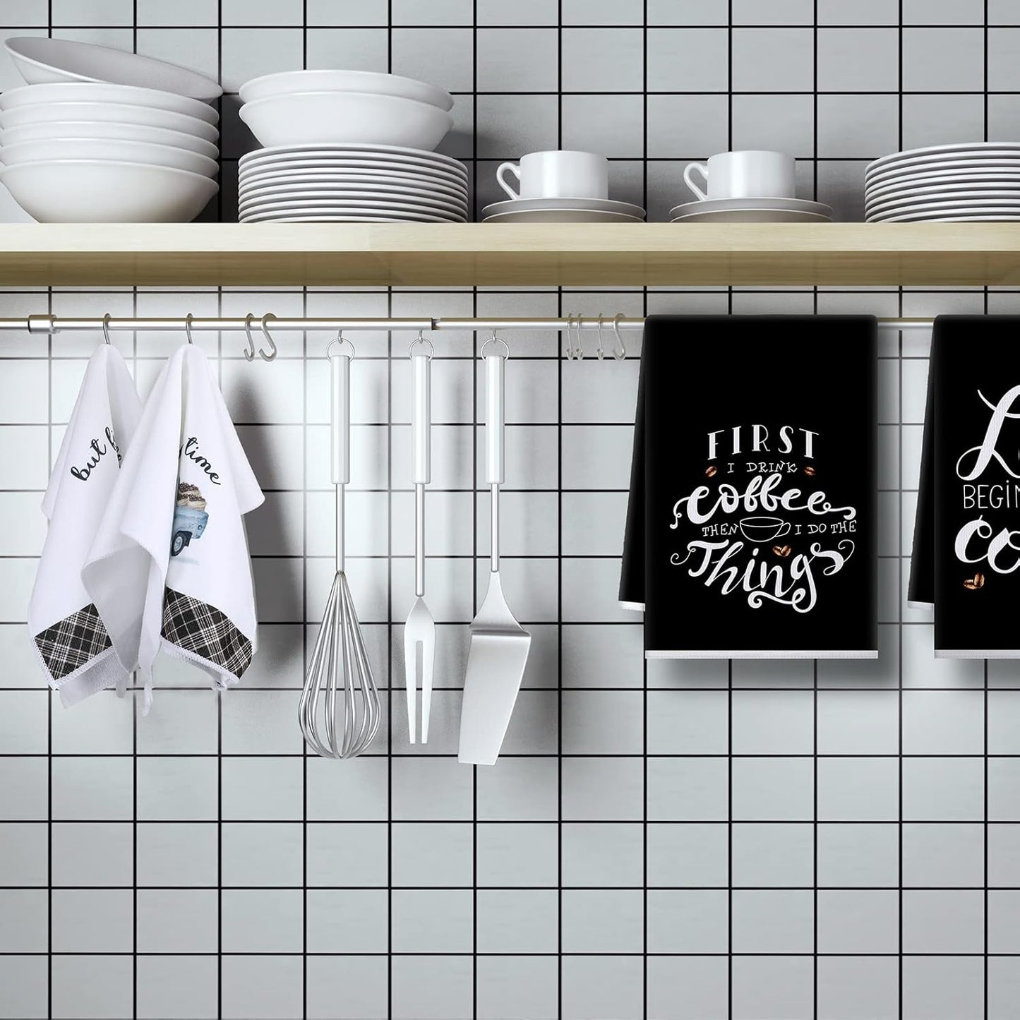 Ferraycle 4 Pieces Kitchen Dish Cloths Coffee Kitchen Hand Towels Absorbent Tea Towels 24 x 16 Inches, Coffee Lover Gift Bar Decorative Dish Cloths Rags, for Farmhouse(Mainly Black,Truck Style)