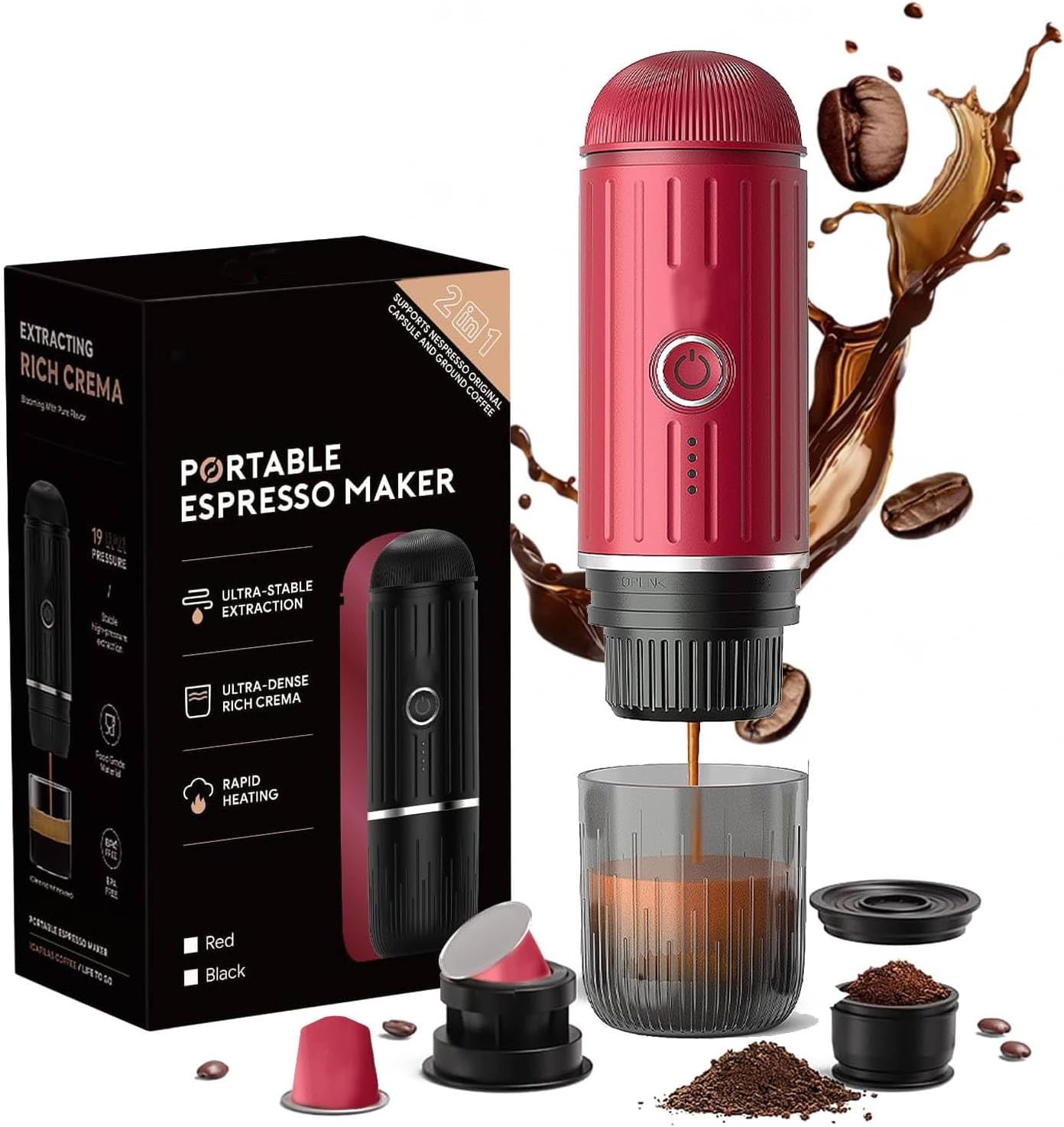 Portable Espresso Machine with 3-4 Min Self-heating, 12V Rechargeable Electric Coffee Machine 19 Bar Compatible with NS Capsules and Ground Coffee (Red)