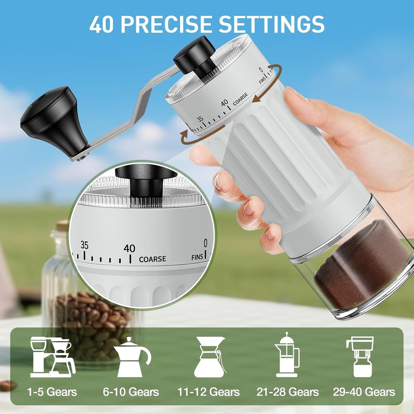 Mini Manual Coffee Grinder – 40 Adjustable Settings, Portable Hand Crank Mill with 30g Capacity, Conical Burr for Espresso, Pour Over, French Press | Perfect for Travel, Camping & Office