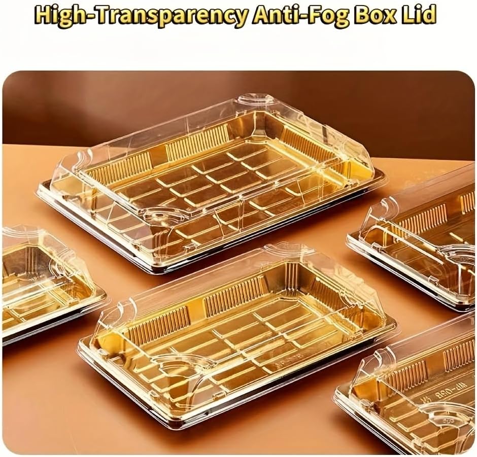 10 Pack Gold Rectangular Sushi Containers with Clear Lids – Disposable Plastic Food Boxes for Party, Takeout & Catering – Elegant, Stackable Trays for Sushi, Snacks & Desserts(Model No.1101)