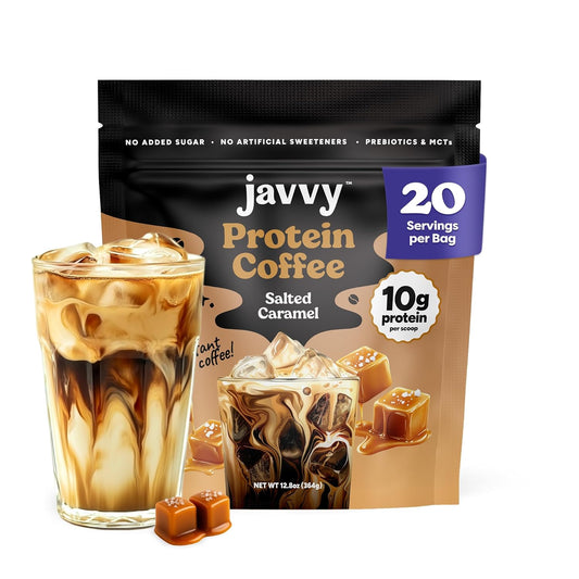 Salted Caramel Protein Iced Coffee - Premium Whey Protein & Instant Iced Coffees - 100% Natural Cold Brew Coffee - Zero Artificial Flavors & Sweeteners, 80 mg Caffeine, 0g of Sugar, 20 Servings