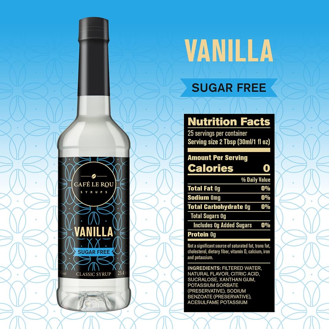 "NEW" Café Le Rou Coffee Syrup Sugar Free Vanilla, 25.4oz (Pack of 2)*Includes 2 Coffee Syrup Pumps* Cafe Coffee Flavoring Syrup for Coffee, Tea, and Espresso