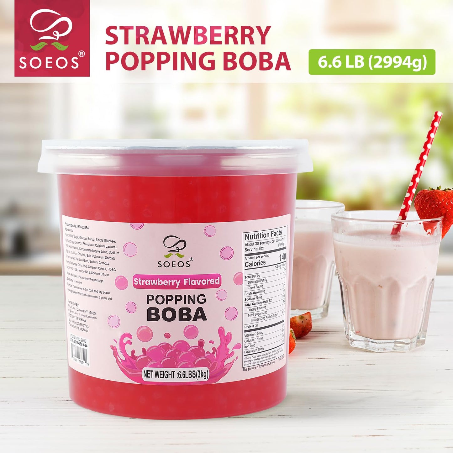 Soeos Strawberry Popping Boba Pearls 6.6 Pounds, Bursting Boba Pearls for Bubble Tea, Beverages, Shakes, Desserts, Smoothie and Ice Cream Topping