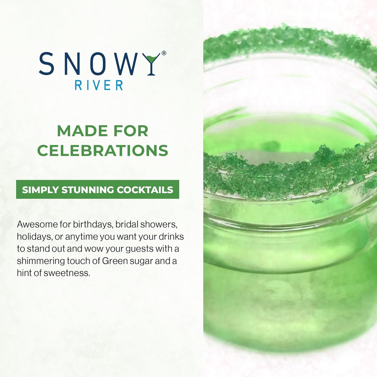 Snowy River Green, Cocktail & Margarita Sugar Rimmer - Vibrant Color Glass Rimming Sugar with Medium Crystal Texture - 16oz