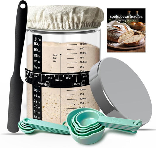 Sourdough Starter Jar Glass, 35oz Wide Mouth, Glass Jar for Sourdough Starter Kit Beginners, Sourdough Bread Starter Kit, Sourdough Discard jar with Lid, Recipe, Cover, Spoon