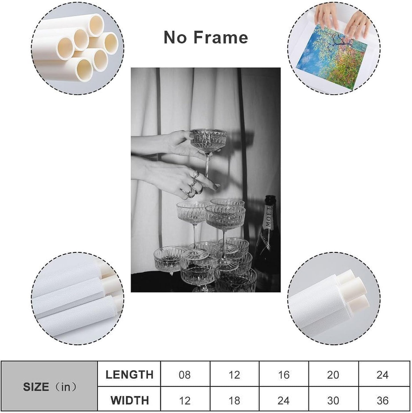 Black And White Champagne Glasses Canvas Wall Art Retro Funky Bar Cart Art Decor Retro Champagne Tower Poster Vintage Photography Wall Art Kitchen Dining Room Pub Prints 16x24inch(40x60cm)