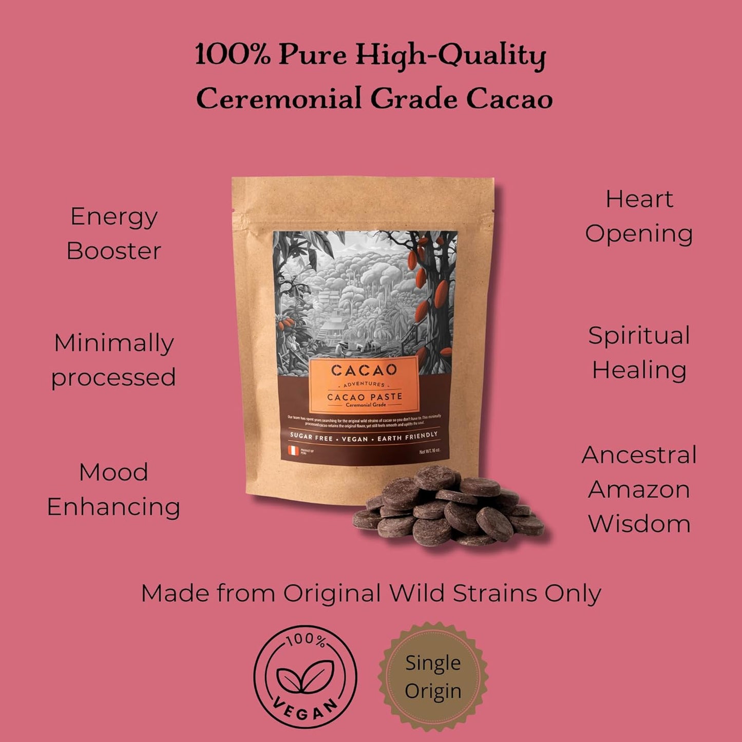 Cacao Adventures Ceremonial Cacao | Tropical Desert Peru 100% Pure Raw Cacao | Dairy Free & Vegan | Unsweetened | Ethically Sourced and Sustainably Grown | Cacao Ceremony | Piura Blanco, 8 oz