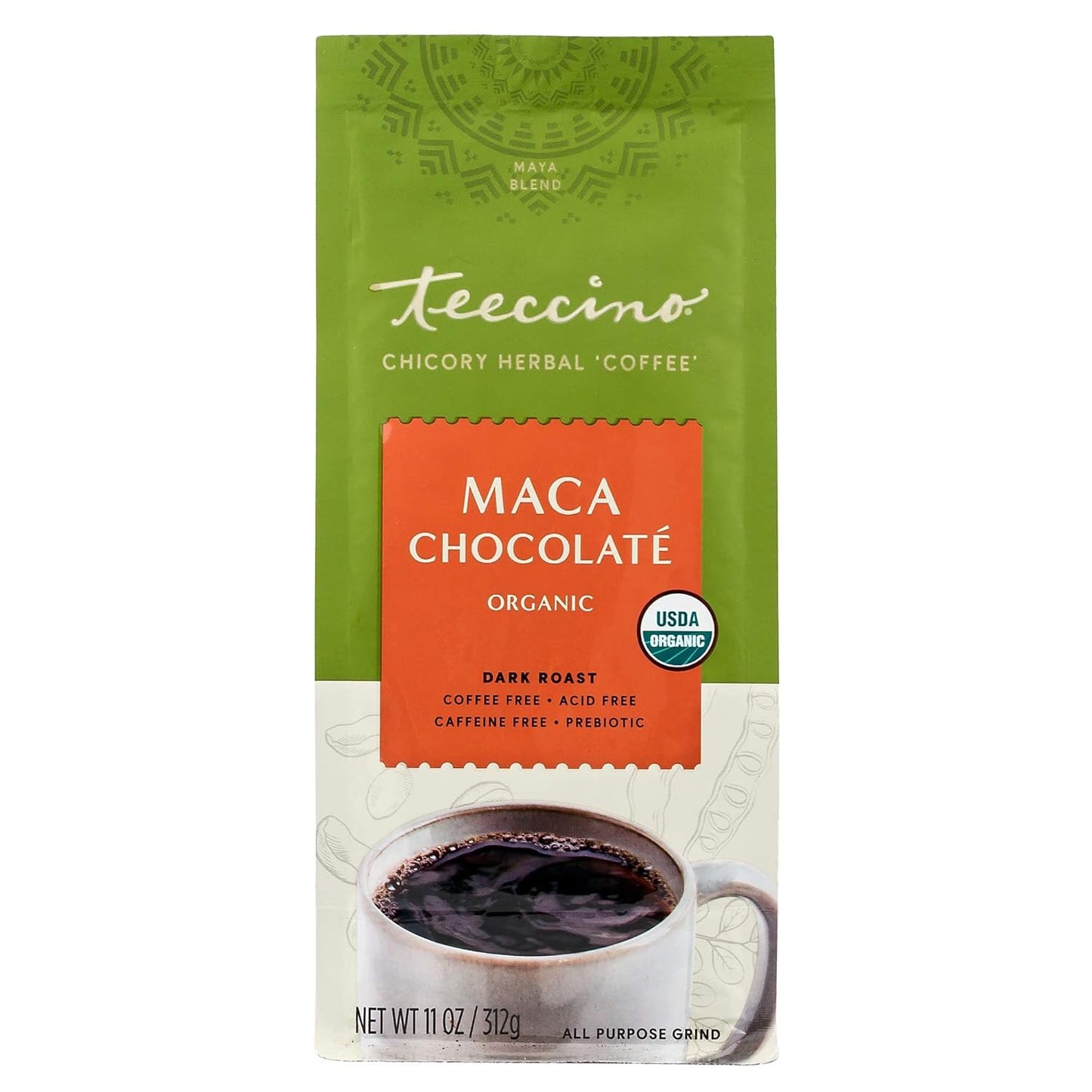 Teeccino Maca Chocolaté Chicory Coffee Alternative - Ground Herbal Coffee That’s Prebiotic, Caffeine Free & Acid Free, Dark Roast, 11 Ounce (Pack of 6)