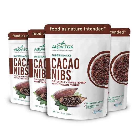 Cacao Nibs Naturally Sweetened with Yacon Syrup | Raw Organic, Sugar Free, Keto, Paleo and Vegan Friendly | Antioxidant and Protein Rich Criollo Chocolate Snack by Alovitox | 2 lb (4 x 8 oz)