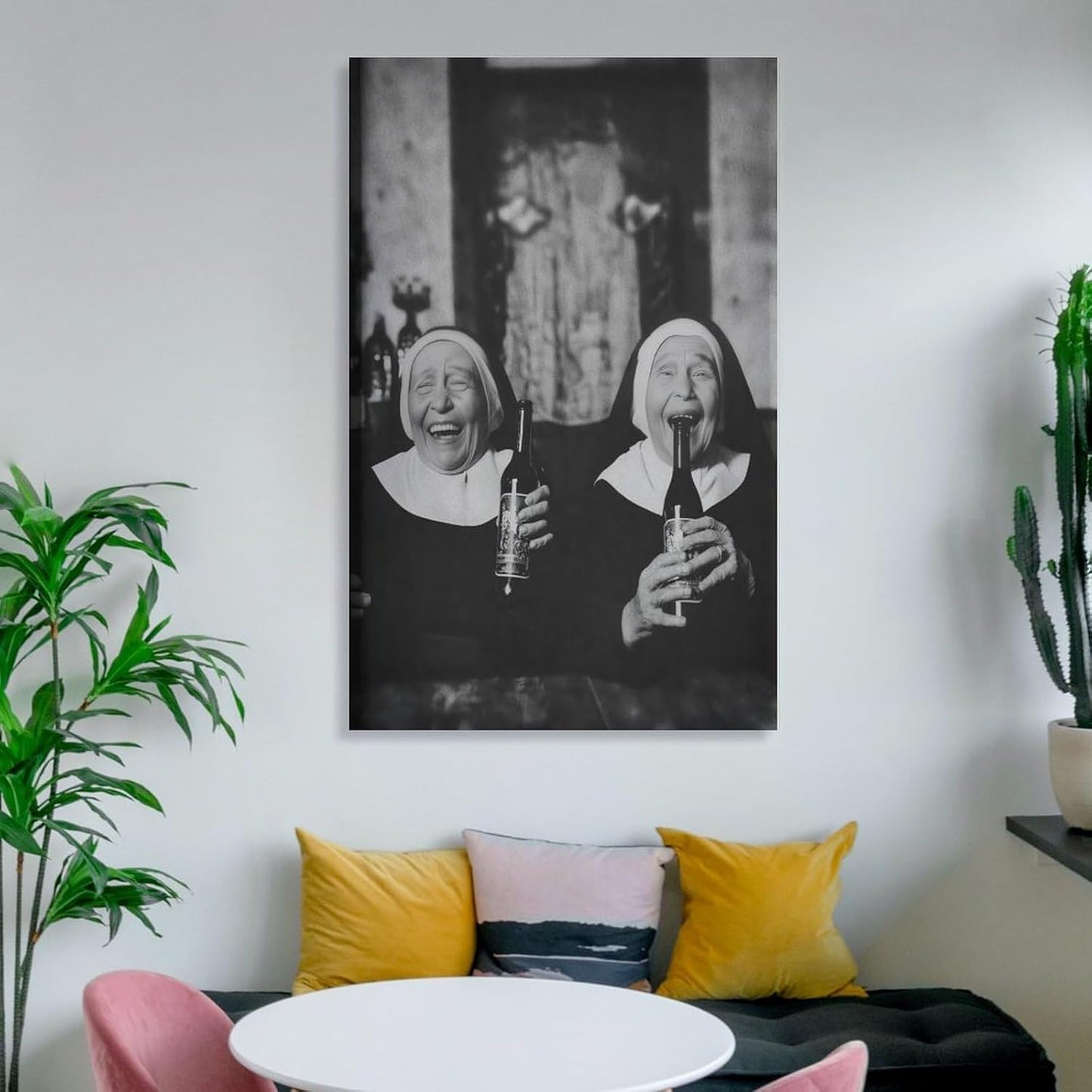 Nuns Drinking Wine Funny Living Room Print Humor Wall Art Decor Canvas Printing Poster, for Hallway Entry Or Living Room Vintage Funny Girls Portrait Gift for Friend 12x18inch(30x45cm)