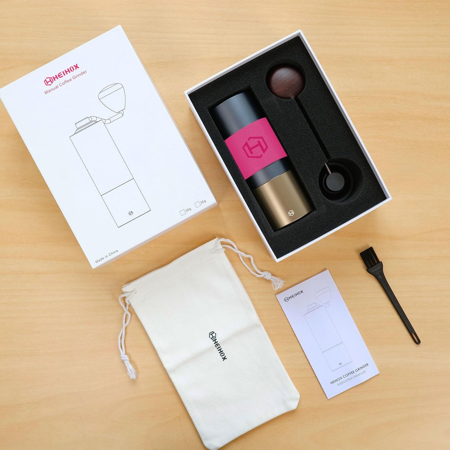 Manual Coffee Grinder - HEIHOX Hand with Adjustable Conical Stainless Steel Burr Mill, Capacity 30g Portable Mill Faster Grinding Efficiency Espresso to Coarse for Office, Home, Camping