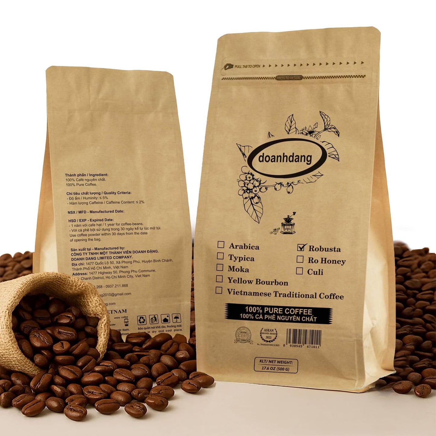 doanhdang - 17.6 Oz Premium Robusta Whole Bean Coffee, 100% Robusta Medium Roast, Rich Flavor for Espresso Shot and Brew, Origin from Vietnam, Whole Med Roast Beans