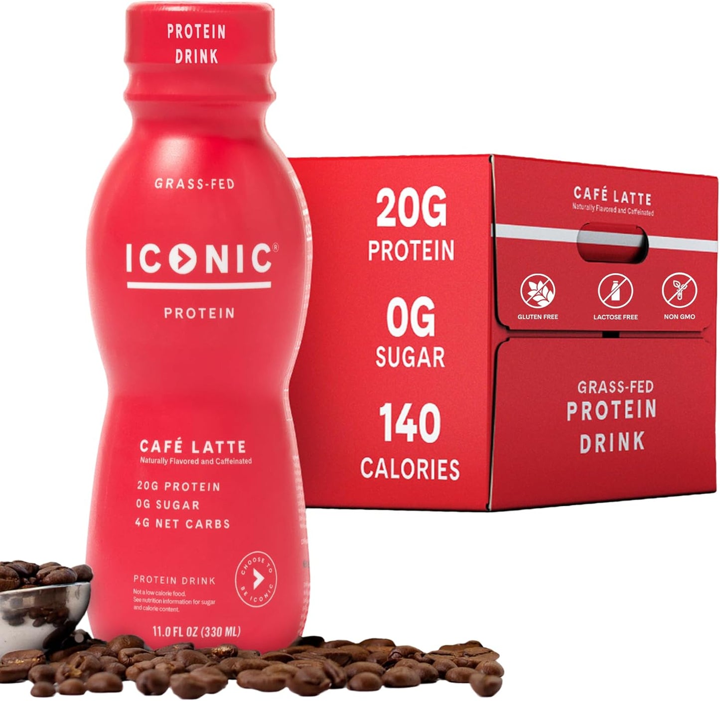 Iconic Protein Drinks, Café Latte (12 Pack) - Sugar Free & Low Carb - 20g Protein + 100mg Caffeine - Lactose Free, Gluten Free - Keto Friendly Protein Coffee