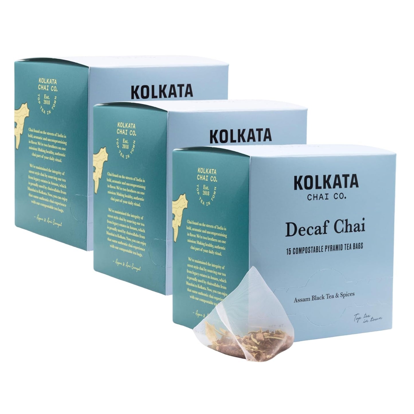 Kolkata Chai - Decaf Chai Tea Bag, 45 Count, Premium Assam Black Tea and Spices, Compostable Tea Bags, Vegan, All Natural