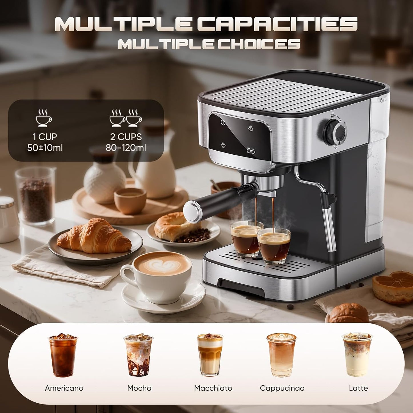 Espresso Machine 20 Bar, Professional Espresso Maker with Power Milk Frother，Compact Espresso Coffee Machine With LED Touch Screen for Home Latte, Cappuccino, 61OZ Removable Water Tank 2025