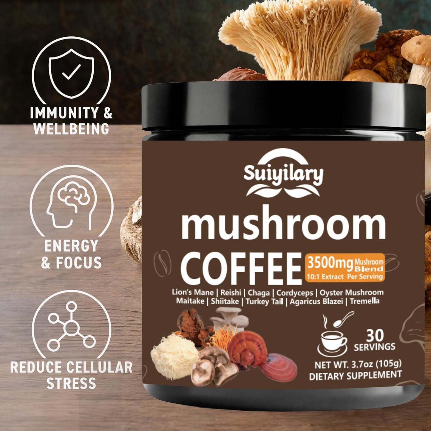 10 Mushroom Coffee with Arabica w, Lion's Mane, Reishi, Mushroom Polysaccharides & More, 3500mg(10:1) Extract Instant Mushrooms Powder for Focus, Immunity Boost, Memory & Clarity - 30 Servings