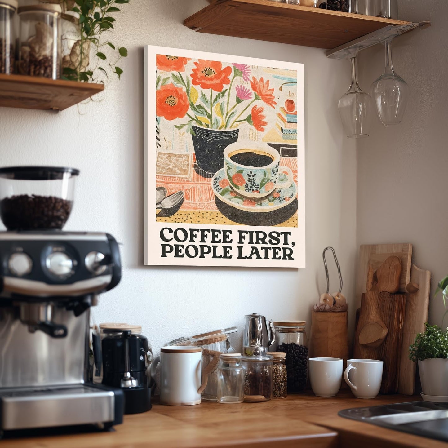 GELDSTEI Framed Retro Coffee Wall Art, Vintage Cafe Wall Decor, Coffee First People Later Canvas Painting, Classical Cafe Bar Poster Print for Kitchen Dining Room Home Office Ready to Hang 16"x24"