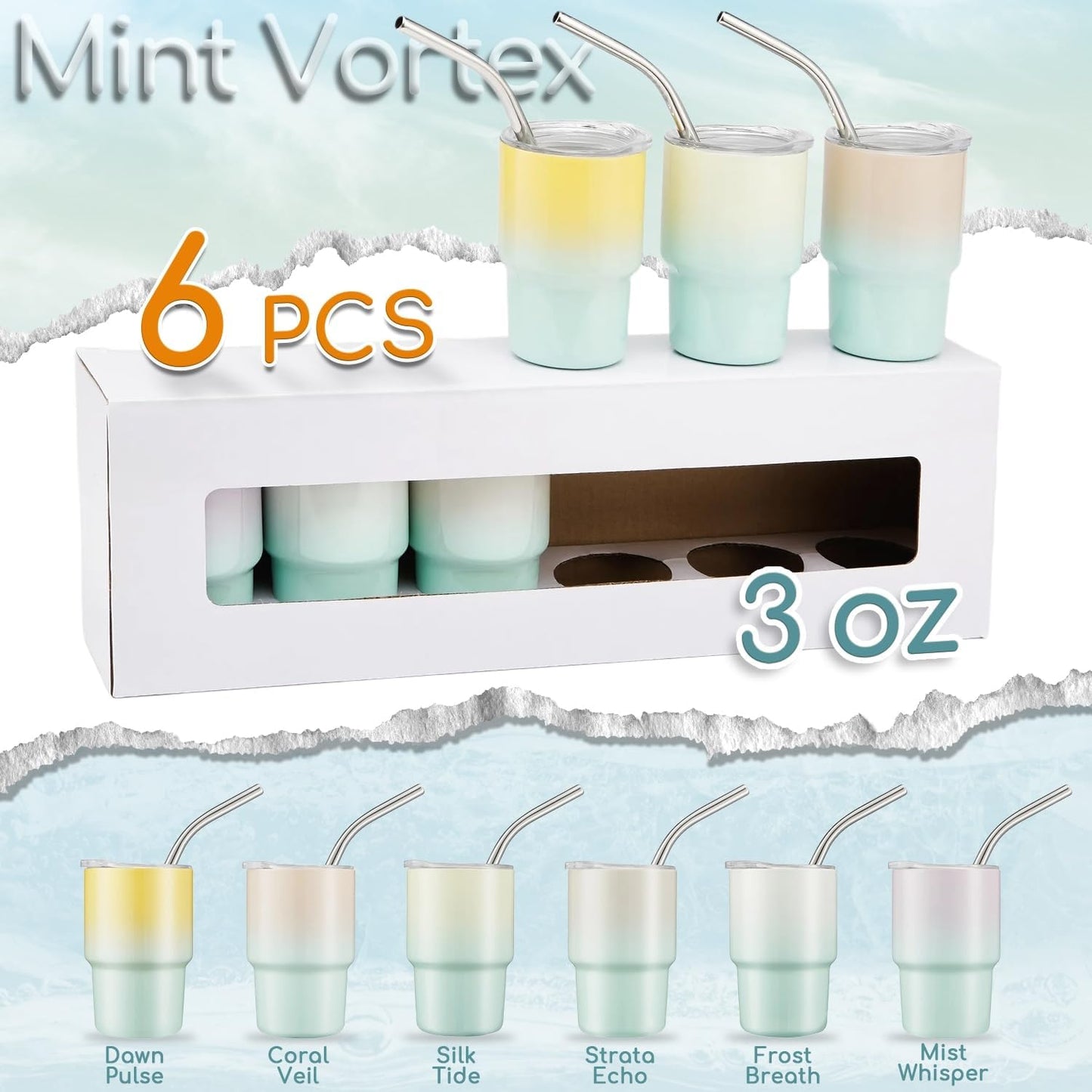 6 Pack 3 oz Sublimation Mini Tumbler Shot Glass with Straw and Lid, Gradient Color Insulated Stainless Steel Mini Tumblers Cups for Beach Birthday Wedding Parties, DIY Customizable Party Gift