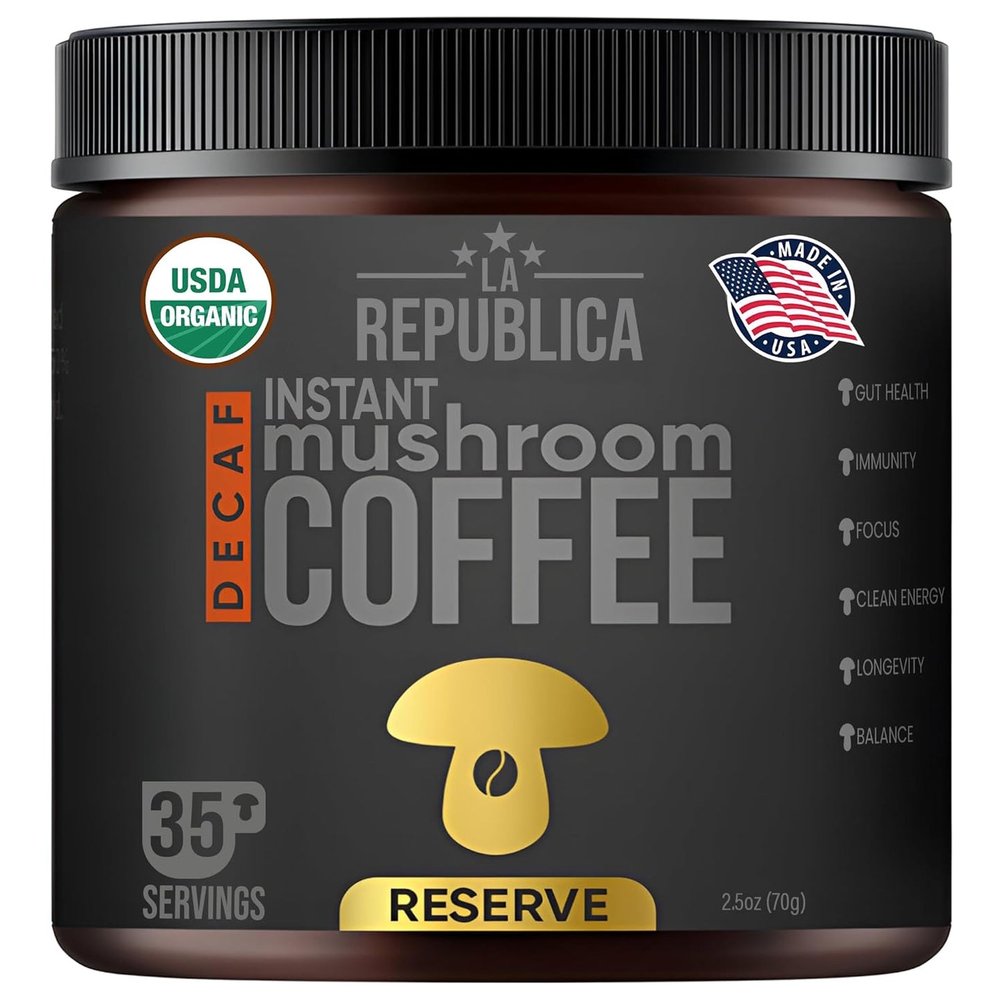 La Republica Founders Reserve Decaf Instant Mushroom Coffee Organic (35 Servings), Premium 50% More Shrooms, Rich Flavor